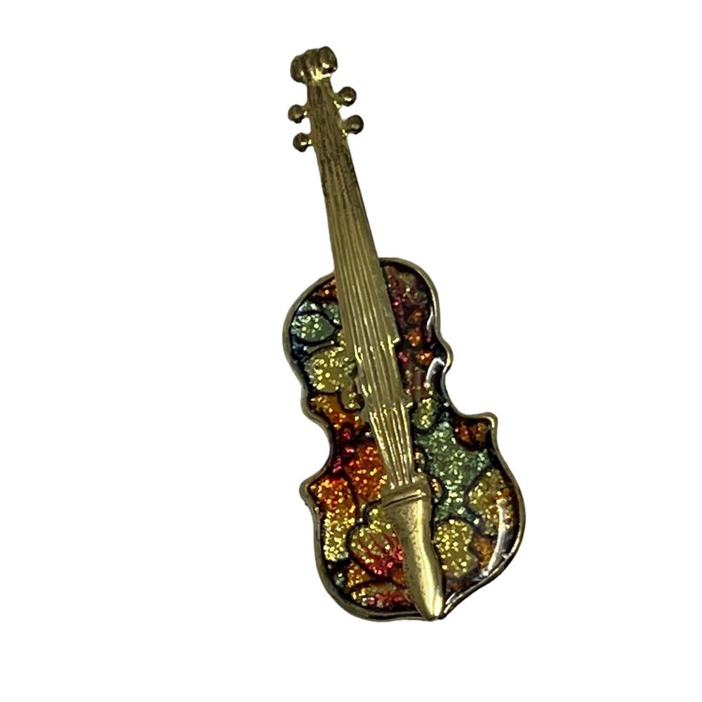 Violin Brooch Gold Tone Cello Orange Yellow Green Pin